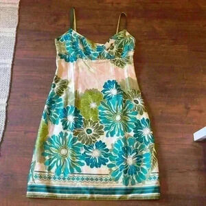 Ann Taylor Women’s size 8 teal green and beige/off white floral cotton dress EUC
